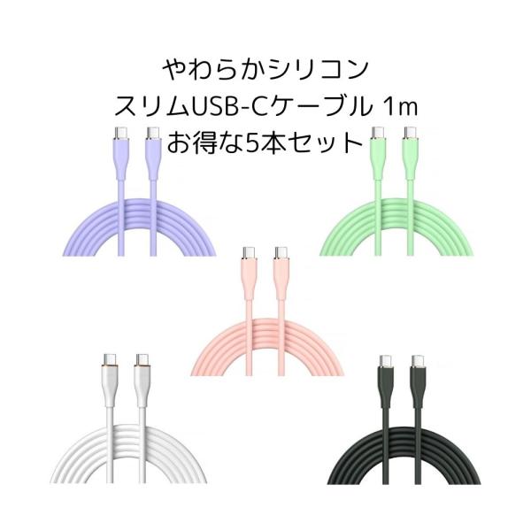 60W急速充電対応 やわらかシリコン スリムUSBケーブル USB TYPE-C to C 1m 5色セット