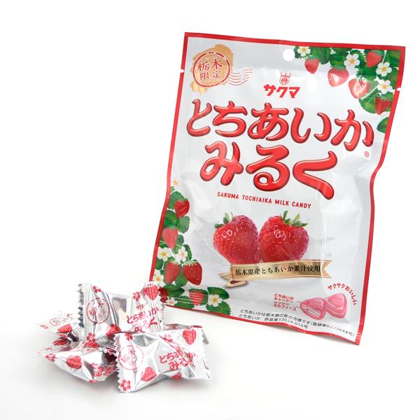 とちあいかキャンディでサクサクのみるくミルフィーユを包んだ「とちあいかみるく」。いちご王国・栃木県産とちあいかの果汁を使用。口に入れた瞬間、いちごの香りとまろやかな甘さが口の中に広がります♪サクサク食感がクセになる美味しさ！内容量：66ｇ(...