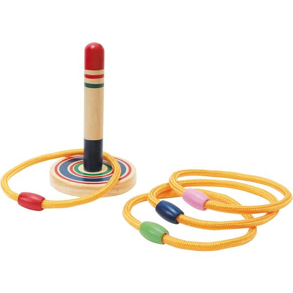 輪がカラフルなナイロン製。的は木製です。セット内容：リング4個・的1台