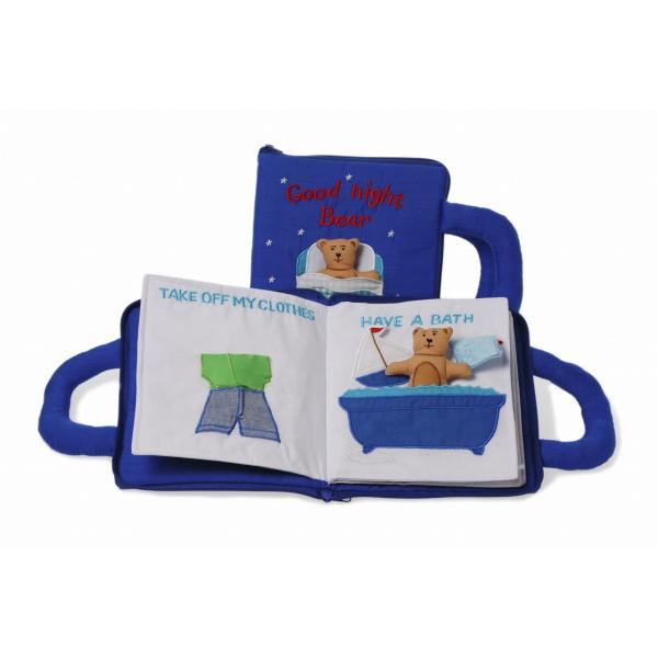 スウェーデンのoskar&amp;ellen社 布製ブックグッドナイトブック　ブルーかわいいクマの人形が本から飛び出します。お着替えをしたりお風呂に入ったり歯磨きをしたりと、寝る前のお仕事を英語で楽しく学びます。サイズ：22×20cmコット...
