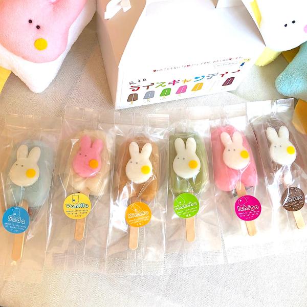 「omochi bar」と「うさぎのダンゴ♪」のコラボ作品です！おもちバー　抹茶、いちご、チョコ、バニラ、きなこ、ソーダの６種類原材料名：[うさぎのダンゴ]　　　　　米粉、砂糖、塩 、　　　　　【お餅バー】　　　　　もち米（国内産）、砂糖、...