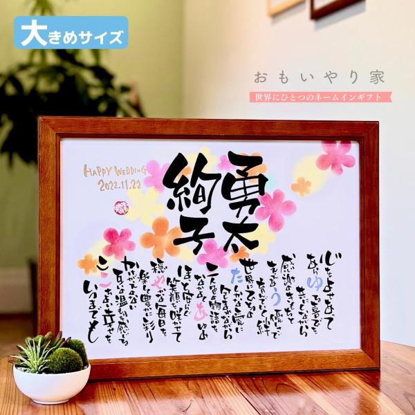 【商品説明】結婚される幸せな二人へのプレゼントとしてお名前を織り交ぜた素敵なポエムをオーダーメイドでお仕立てします。一点一点心をこめた直筆文字で丁寧にお仕立する世界にひとつのネームインギフトです。※ポエム（文章）はお二人の雰囲気などを考慮し...