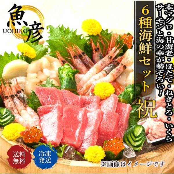豪華海鮮うおひこ祝セット〜特選6種類セット〜【4〜5人前】【商品内容】◆本まぐろ赤身　200g（トルコ産/養殖）◆鮭いくらしょうゆ漬け　80g（北海道産）◆殻つき甘海老　200g（カナダ産）◆ほたて貝柱　200g（北海道産）◆極ねぎとろ　2...