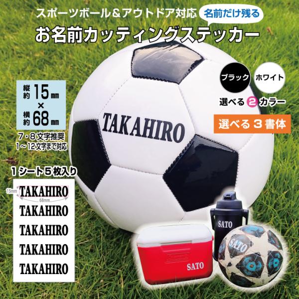 お名前カッティングステッカー[スポーツボール＆アウトドア対応]15mm×68mm 1シート5枚入り 推奨文字数7・8文字 サッカー 防水 屋外 名前シール 名入れ