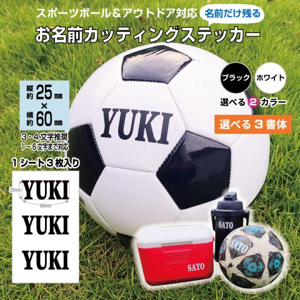 お名前カッティングステッカー[スポーツボール＆アウトドア対応]25mm×60mm 1シート3枚入り 推奨文字数3・4文字 サッカー 防水 屋外 名前シール 名入れ