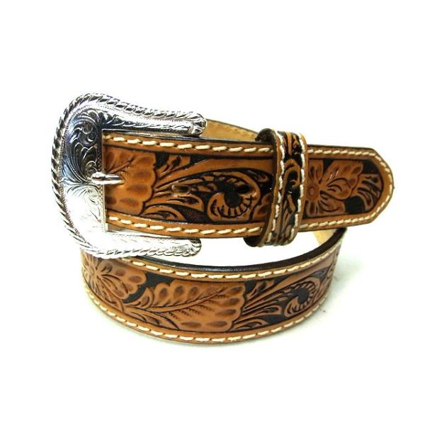 Tony lama フラワーカービング 38mm幅 ウエスタンベルト 【ブラウン