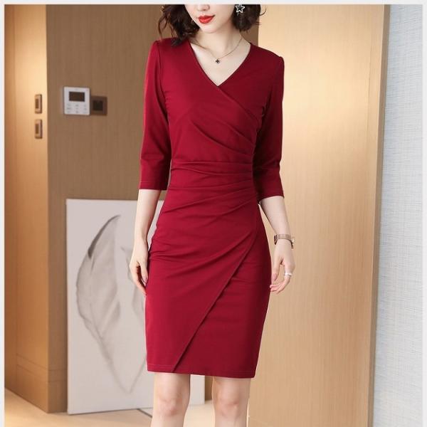 一流メーカー商品 韓国 膝丈 結婚式 春夏 大人 二次会 七分袖 ワンピース レディース レッド パーティドレス タイト きれいめ Aiuqf122 Vネック 50代 30代 30代 代 驚き価格 Europub Co Uk