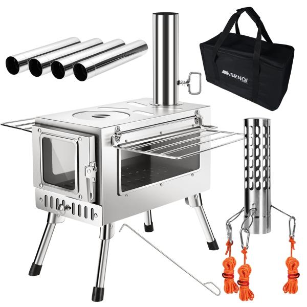 【おまけ付き】SENQI アウトドアストーブ ステンレス製 SENQI 薪ストーブ 折りたたみ キャンプ 3面の耐熱ガラス・煙突