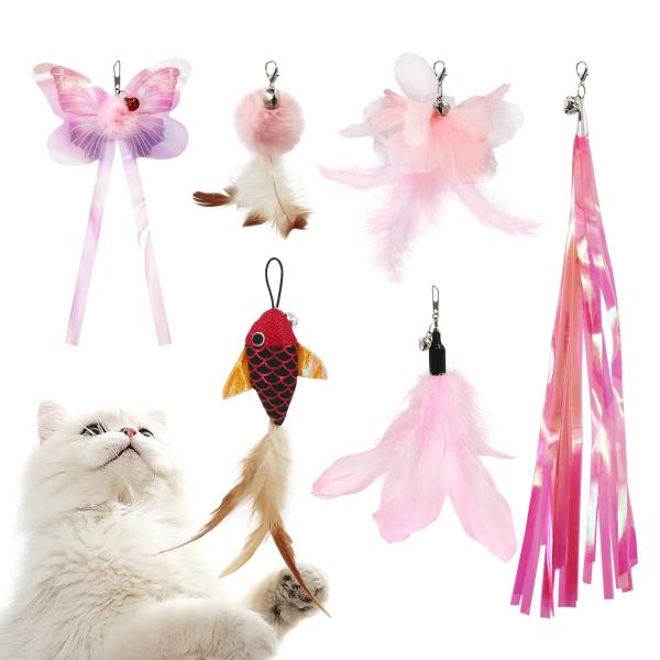 【商品概要】安全安心に遊べる多種類猫おもちゃ：ねこじゃらしの先端につけるおもちゃは6ピンク系玩具、楽に交換できる羽単品のおもちゃ（ねこおもちゃ６セット）釣り竿なし多種類おもちゃ：猫ちゃんがうれしくなるピンク系の羽根おもちゃ、２つふわふわ異な...