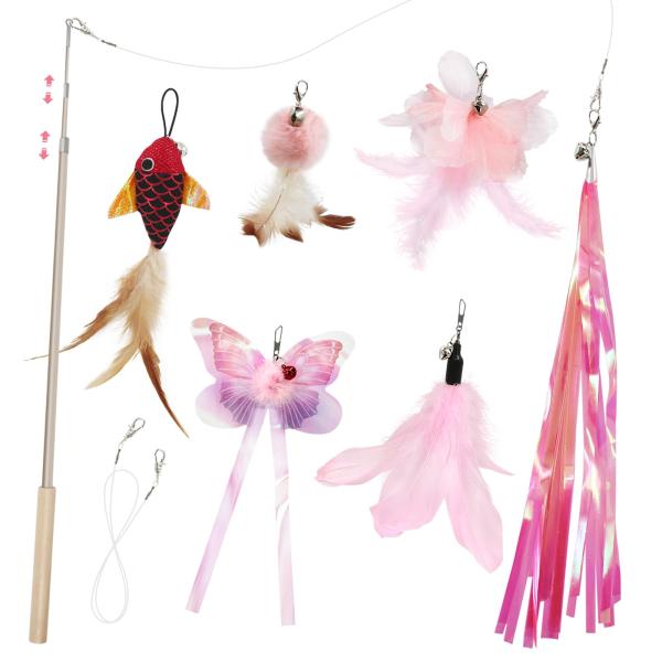 【商品概要】安全安心に遊べる多種類猫おもちゃ：ねこじゃらしの先端につけるおもちゃは6ピンク系玩具、楽に交換できるおもちゃ。釣り竿あり。多種類おもちゃ：猫ちゃんがうれしくなるピンク系の羽根おもちゃ、２つふわふわ異なる模様の羽根、1つポンポンボ...