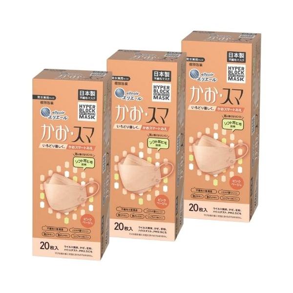 他サイト： 【3箱計60枚】エリエールハイパーブロックマスクかお・スマピンクベージュ(20枚入)の商品画像