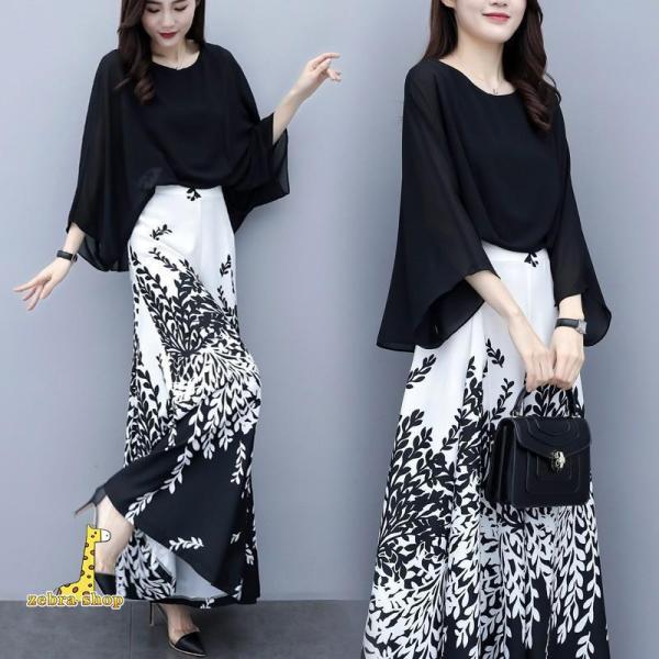 セットアップ レデイース 春秋黒 シフォン七分丈 レディース ワイドパンツ 着痩せコーデ パンツドレス おしゃれ ゆったり 通勤 入園式 卒業式 二次会 30代 40代 セットアップ レデイース 春秋黒 シフォン七分丈 レディース ワイド