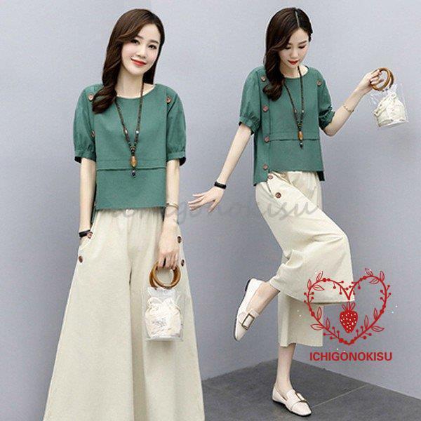 セットアップ レディース 夏 カジュアル 40代 20代 おしゃれ 上下セット シャツ 半袖 ロング ガウチョパンツ 大きいサイズ ゆったり 韓国風 着痩せ 通勤 OL 新品 セットアップ レディース 夏 カジュアル 40代 20代 おしゃれ 上下
