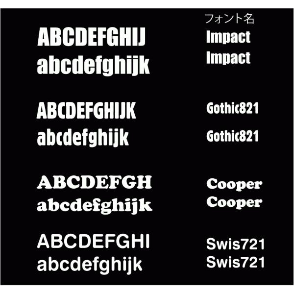 英数半角１２文字までですImpact　A w37mm×56mmGothic821 A w32mm×51mmCooper A w50mm×42mmSwiss721 A w38mm×44mm※一文字あたり（約20円）同じステッカーをもう一枚、予...