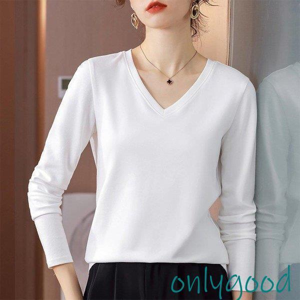 Tシャツ 長袖 レディース Vネック 白Tシャツ 無地 秋 トップス