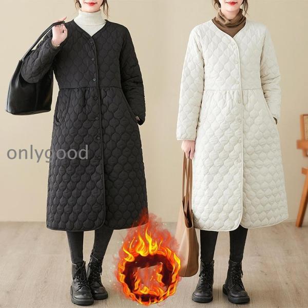 キルティングコート 中綿 レディース ロングコート ノーカラー