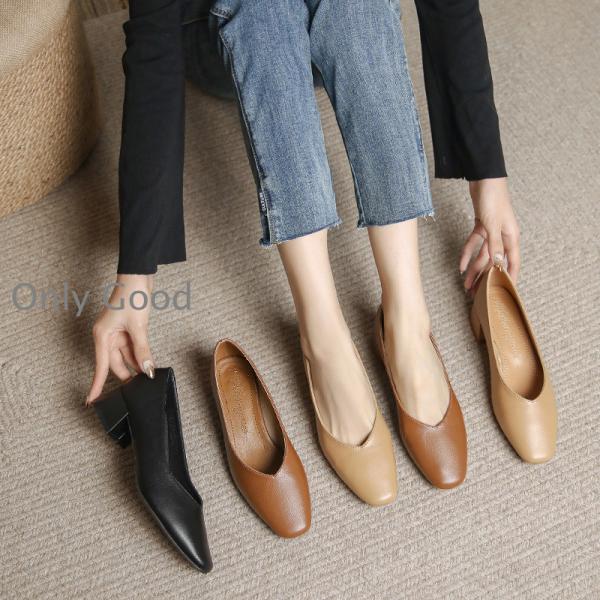 ローヒールパンプス レディース 牛革 スクエアトゥ チャンキーヒール 痛くない 歩きやすい 履き易い 普段履き レジャー 散歩 フォーマル onlygood_ff3712-huyt87