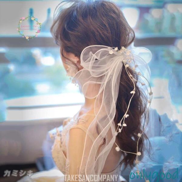 ヘッドドレス ウェディング 髪飾り チュール リボン ヘアアクセサリー ブライダル 結婚式 成人式 卒業式 リゾート 結婚アクセサリー ウェディングフォト