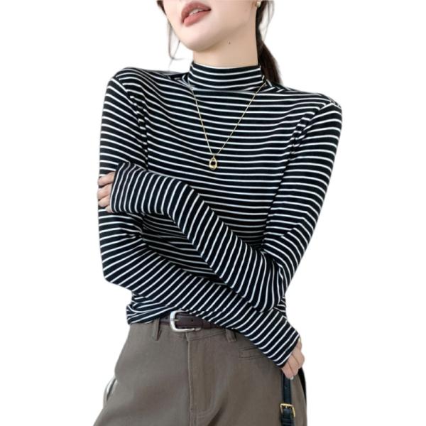 レディース ボーダーTシャツ 長袖Tシャツ ハイネックTシャツ タートルネックTシャツ カットソー ストライプTシャツ インナーTシャツ トップス シンプルTシャツ