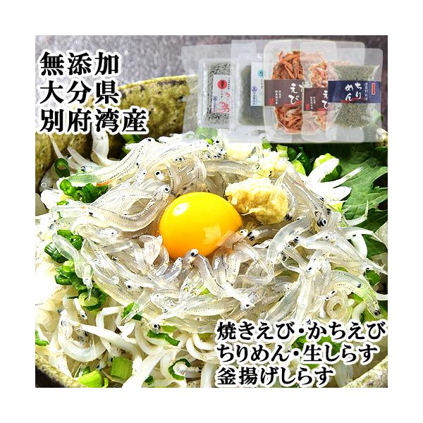 大分県別府湾で獲れたえびとしらすの食べつくしセットです。[内容量]かちえび45g、焼きえび55g、釜揚げしらす300g、上乾ちりめん55g、生しらす100g[販売元]高橋水産(杵築市)
