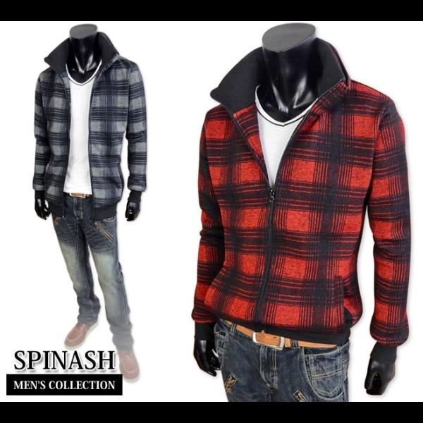 送料無料 メンズ アウター フルジップブルゾン 長袖 SPINASH スピナッシュ ニット 裏フリース チェック柄 ボリュームネック