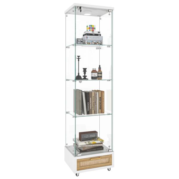 ■商品タイプガラスディスプレイキャビネット■カラーホワイト■サイズ幅42.5×奥行37×高さ167.5cm■素材強化ガラス（5mm厚）MDF（天板・底板）■構造1ドア／4段棚最下段引き出し付き■耐荷重棚板1枚あたり：約20kg■仕様・機能・...