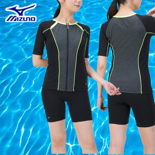 L 新品 2025 speedo フィットネス水着 ボタン付 袖付 セパレーツ MIZUNO（ミズノ） アクアフィットネス用セパレーツ水着 ボタン付
