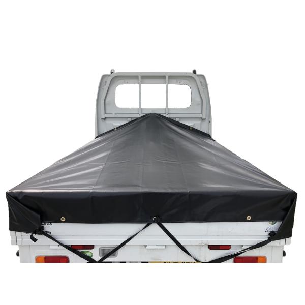 標準荷台軽トラック用シート軽トラックシート【サイズ】（前部）2.0ｍ・（後部）1.9ｍ×（長さ）2.15ｍ　標準荷台軽トラック用【シート形状】台形シート【カラー】ブラック【材　質】エステル帆布　防水【ハトメ】真鍮ハトメ　前中央ハトメ部分補強...