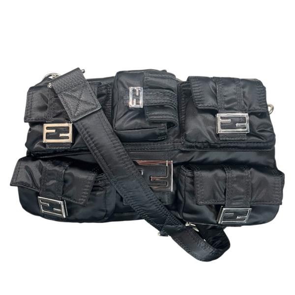 m91【美品】保存袋付　フェンディ　コットン　ブラック　マンマバケットショルダー FENDI（フェンディ） マンマバゲット マルチポケット 8BR808 ブラック