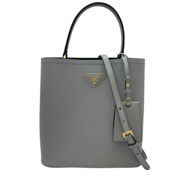プラダ バイアデラ フレーム ハンドバッグ 1BA036 ブラック グレー ホワイト レザー レディース PRADA 【中古】 PRADA（プラダ） パニエハンドバッグ グレー サファイアーレザー