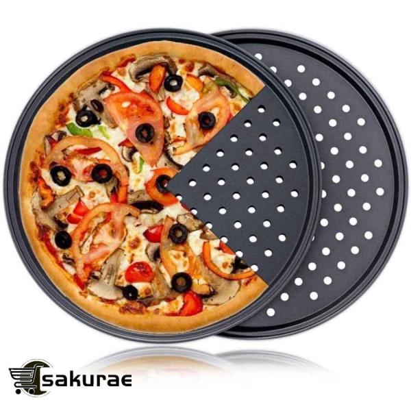 ピザプレート ピザ焼きトレー グリルパン グリル 焦げ付き防止 浅底 丸型 ピザパン 箱入り 耐熱皿 お手入れ簡単 穴開け グリルパン オーブンベーキングトレイ パ