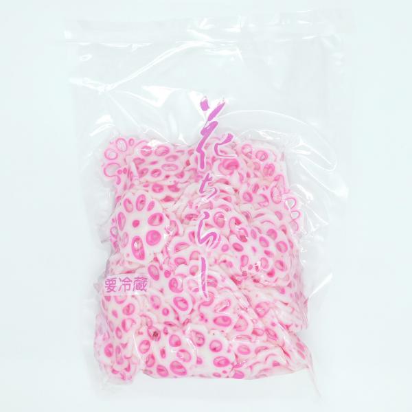 商品名「仲野産業　花ちらしれんこん　800g」れんこんを花型にしまわりを赤く着色した商品で厚さも2〜3mmのため扱い易く、祝事の酢物、弁当、折詰に。ちらし寿司のトッピング等に。業務用　冷蔵