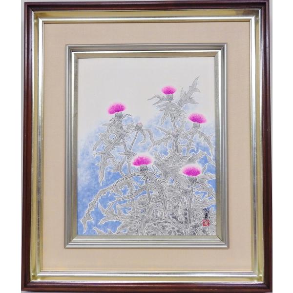 日本画 額装 あざみ 花 植物画 木間明 『あざみ』 日本画 F6号 【静物】 : 大和田画廊 - 通販