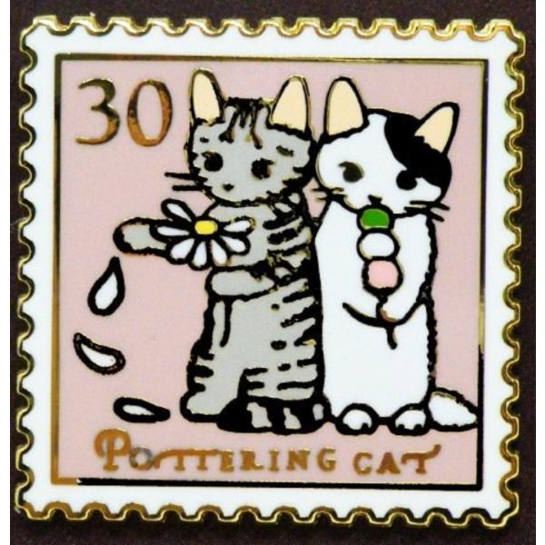 ポタリングキャット ピンズ 花占い ピンバッジ ピンブローチ グッズ 猫雑貨 ギフト かわいい サバトラ 白黒ぶち 切手デザイン