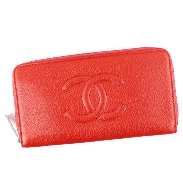 シャネル キャビアスキン ココマーク ジッピーウォレット 赤系 美品 長