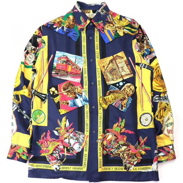 美品古着 エルメス ニューオリンズジャズ 総柄シルクシャツ メンズ マルチ 42 opal-shop1_2100020000009385