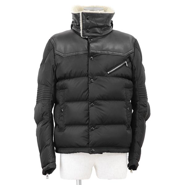 MONCLER モンクレール ダウンジャケット サイズ 2 メンズ LEO レオ 2023年モデル ボアカラー レザー コンビネーション ロゴパッチ 2WAY フード収納 アウター ブラック 黒 ルーマニア製 MONCLER（モンクレール） ダウンジャケット 2 メンズ LEO レオ 2023年
