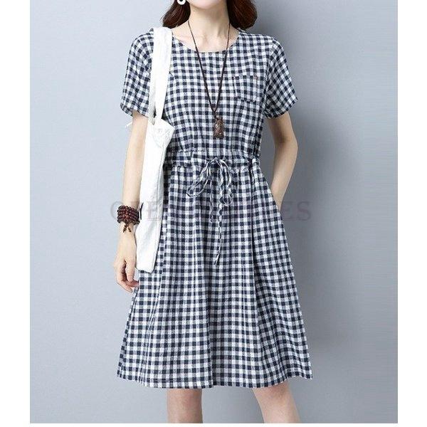 ギンガムチェックワンピース半袖リネンワンピゆったりウエストリボンaラインレディース今だけ Yaopen Zxmrl917 Open Clothes 通販 Yahoo ショッピング