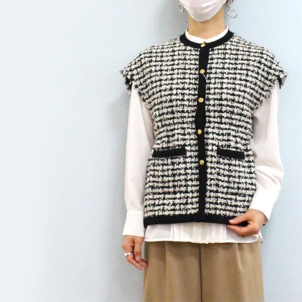 TOMORROWLAND BALLSEY ニットジレ セール】ニットコンビツイード フレンチスリーブジレ（ベスト
