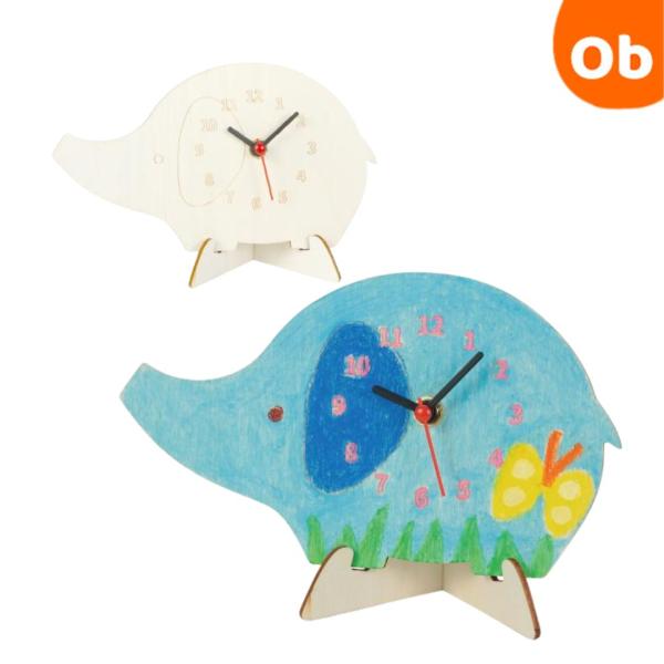 お絵かきして好きな模様の時計を作ろう仕様商品サイズ時計板：約190×110×2mmセット内容時計板（ぞう）×1、時計セット×1、掛金具×1、単3マンガン電池×1重量75g材質木制作に関する情報制作時間30分対象年齢3歳〜制作に必要なもの画材