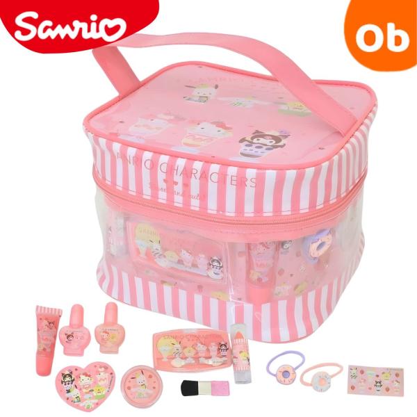 大人気サンリオキャラクターズこちらは定番アイテム【ビニールバニティメイクバッグセット】アイシャドウパレット（3色）、リップスティック、リップグロス、水性ネイル（2個）、チーク（2個）、アイシャドウチップ、チークブラシ、ヘアアクセサリー（2個...
