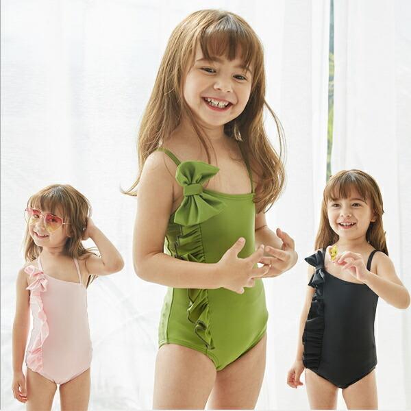 リボンとフリル ワンピース水着 女の子用 スイムウェア 子供 キッズ ベビー90/95/100/110/120/130