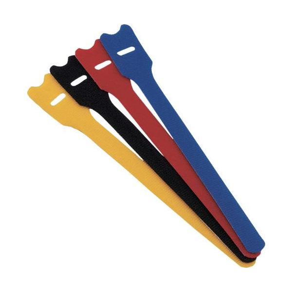 [特長]●繰り返し使用可能で、片面にプラスチックフック・片面に織物ループの付いた両面タイプのマジックテープ［［Ｒ下］］です。[仕様]●色：アソート(黒・青・赤・黄)●幅(mm)：24.0●長さ(mm)：400●厚さ(mm)：2●最大結束径(...