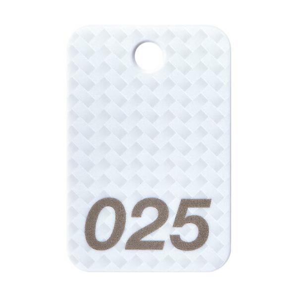 [特長]●お店やホテル旅館などで重宝する番号入りの札です。●網目柄を施した高級感のあるデザインです。[仕様]●色：白●内容：001〜025番●縦(mm)：60●横(mm)：40●厚さ(mm)：2.7●穴径(mm)：6.5●番号札サイズ(mm...