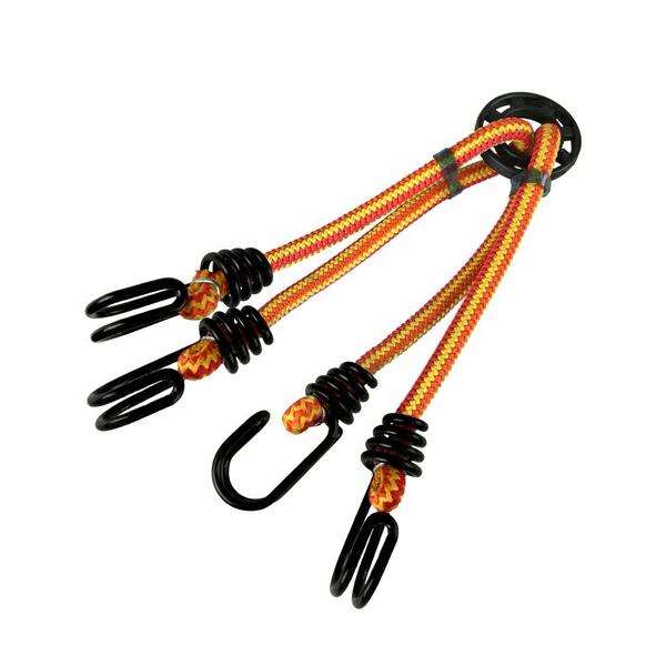 [特長]●伸縮性があり、周囲を糸で特殊織しています。●2本の8mmゴムの先端にフックを取り付け中央でリングを止めています。[仕様]●色：イエロー/オレンジ●長さ(m)：0.2●標準幅(mm)：8[材質／仕上]●フック:スチール●リング:ポリ...