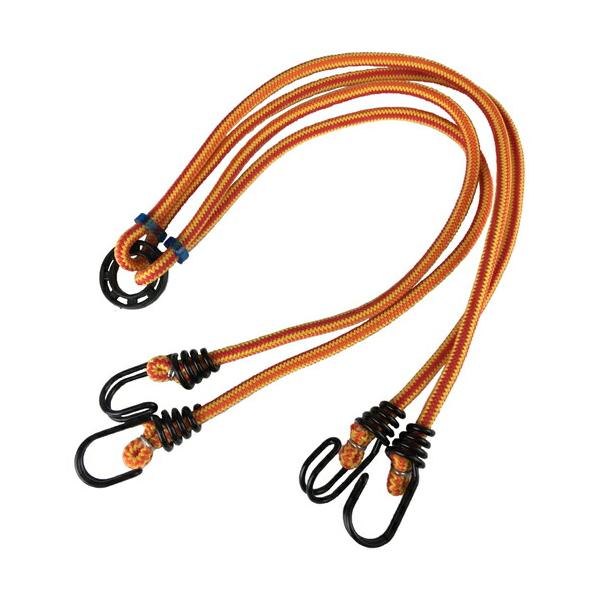 [特長]●伸縮性があり、周囲を糸で特殊織しています。●2本の8mmゴムの先端にフックを取り付け中央でリングを止めています。[仕様]●色：イエロー/オレンジ●長さ(m)：0.6●標準幅(mm)：8[材質／仕上]●フック:スチール●リング:ポリ...