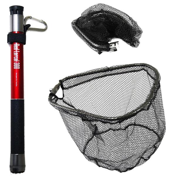超コンパクト カーボン ランディングネット 2点セット Red Larcal300 + 折りたたみライトゲームフレームネット ガンメタ (landingset-195)｜タモ網 タモ 網 アジング ネット メバリング チニング エギング 網 ランディングネット ラバー おり釣具 超コンパクト カーボン ランディングネット 2点セット Red