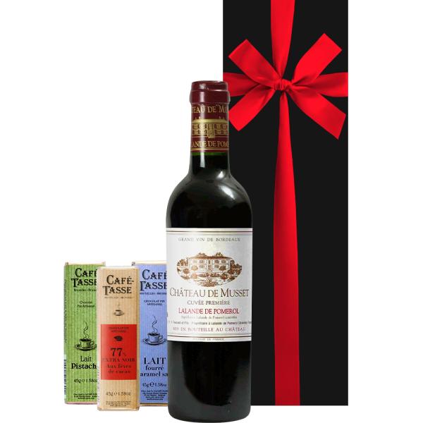 誕生日 お祝い ワインとスイーツ ギフトセット【無料 リボンラッピング メッセージカード】フランス ボルドー 辛口 375ml ベルギーチョコ ビター ギフト箱付
