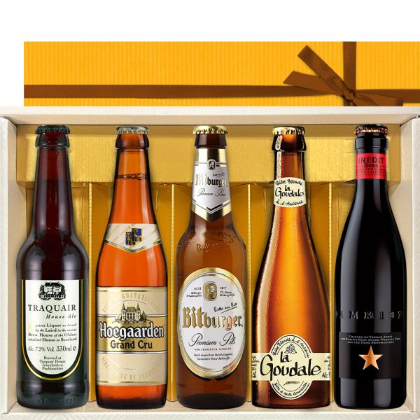 お中元ギフト ヨーロッパビール 詰め合わせ【無料 リボン包装 メッセージカード】ドイツ ベルギー イギリス フランス スペイン  330ml 5本 ギフト箱付 送料無料