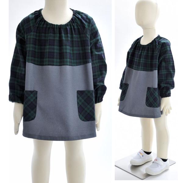 名入れ 刺繍 名前入り 遊び着 おしゃれ 入園入学 タータンチェックｘデニム ツートンスモック 海外 オリジナルスモック 女の子 キッズ 御祝い